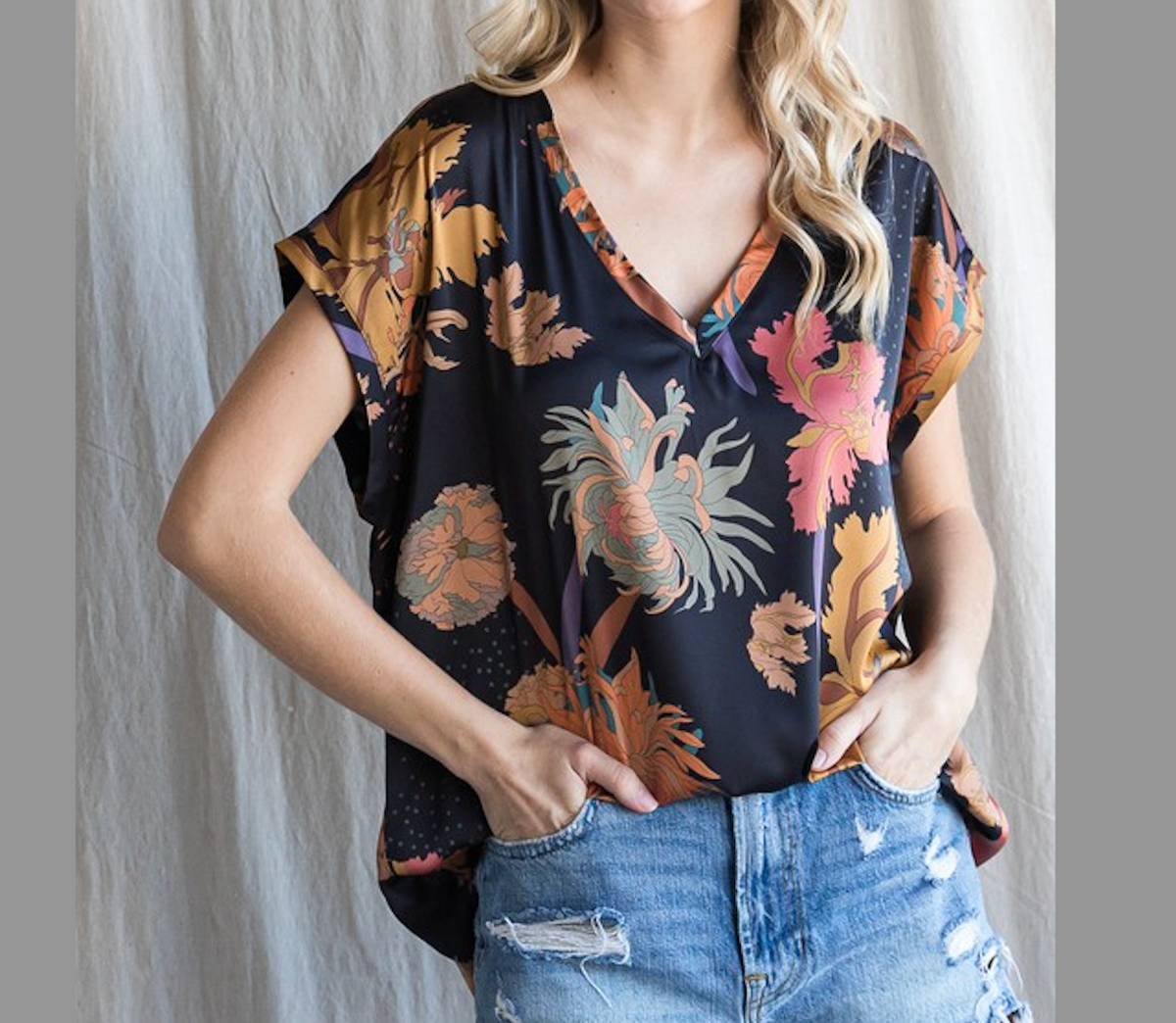 Jodifl Satin Floral Print Cap Sleeve Top