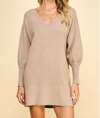 Pinch V-Neck Knit Mini Dress - Taupe