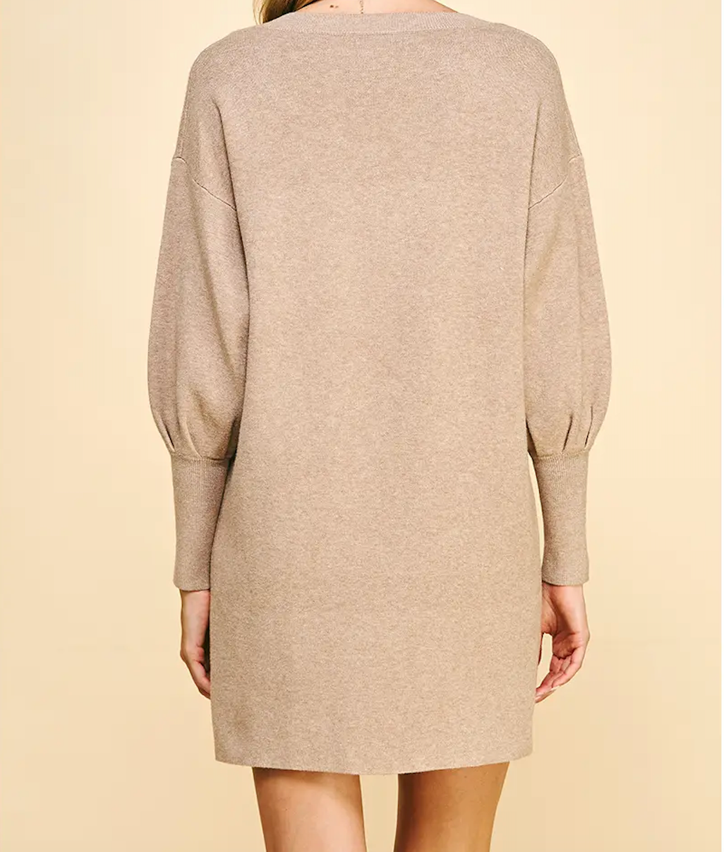 Pinch V-Neck Knit Mini Dress - Taupe