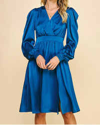 Pinch Long Sleeve Stain Midi Dress - Blue