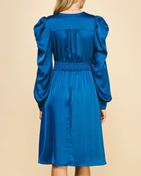 Pinch Long Sleeve Stain Midi Dress - Blue