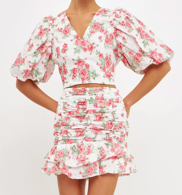 Floral Linen Ruffled Mini Skirt