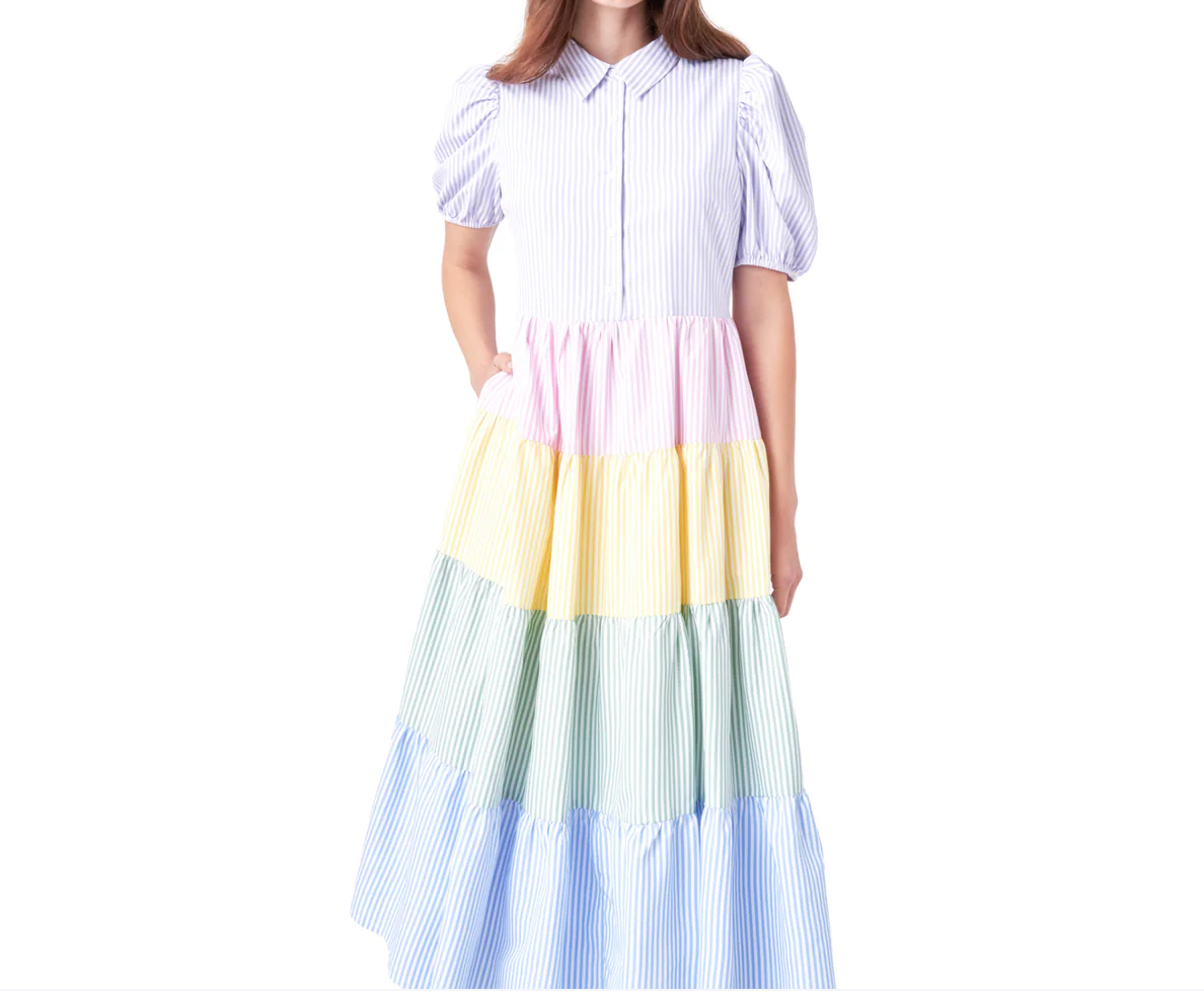 Stripe Colorblock Shirtdress In White Multicolor
