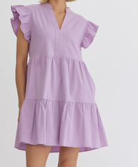 Entro Lavender Ruffle Sleeve V-neck Tiered Mini Dress