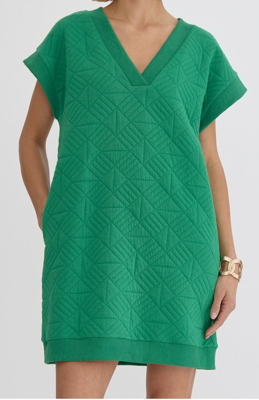 Entro Quilted V Neck Mini Dress- Green