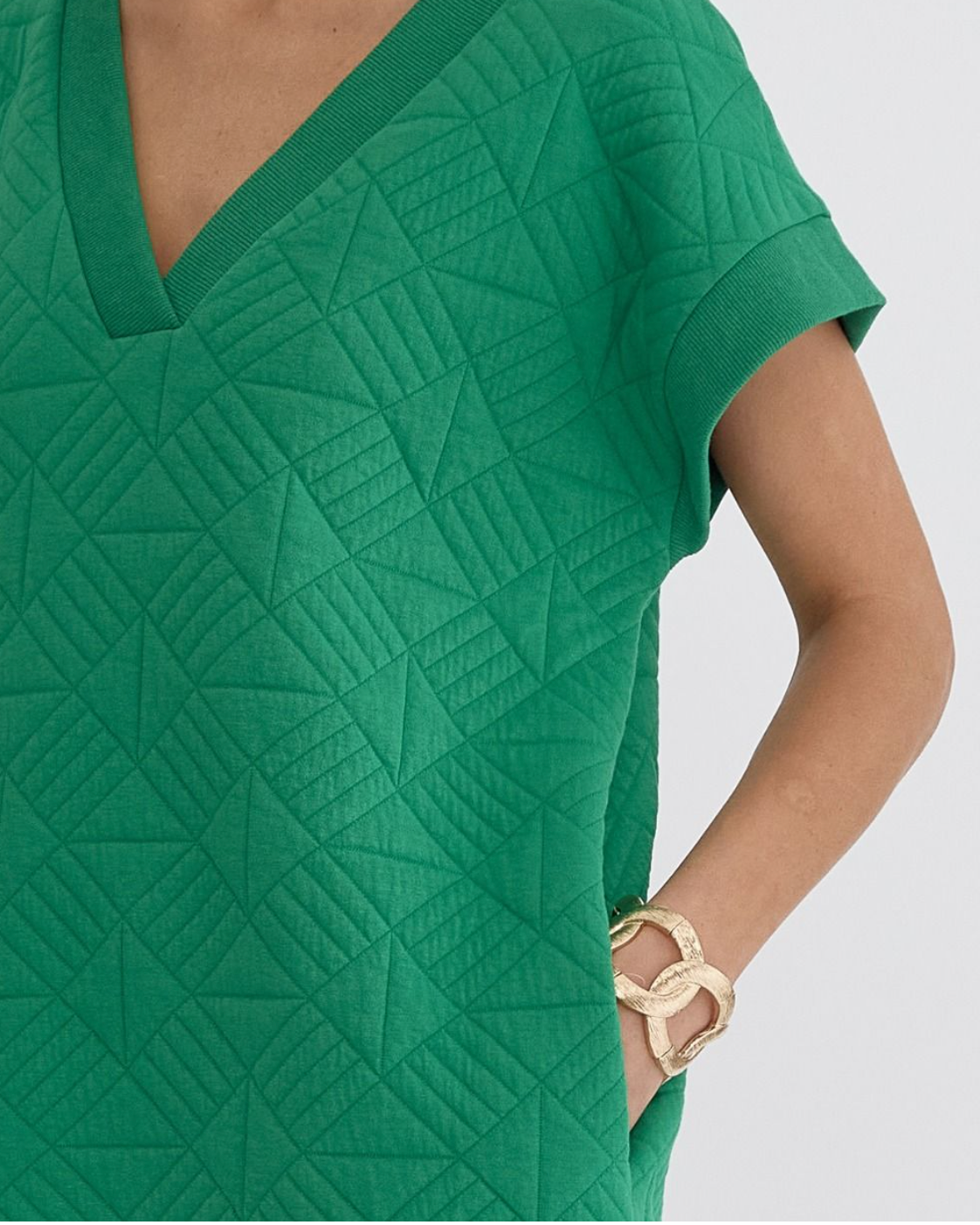 Entro Quilted V Neck Mini Dress- Green