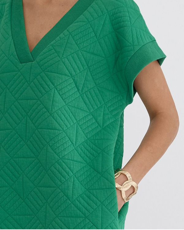 Entro Quilted V Neck Mini Dress- Green