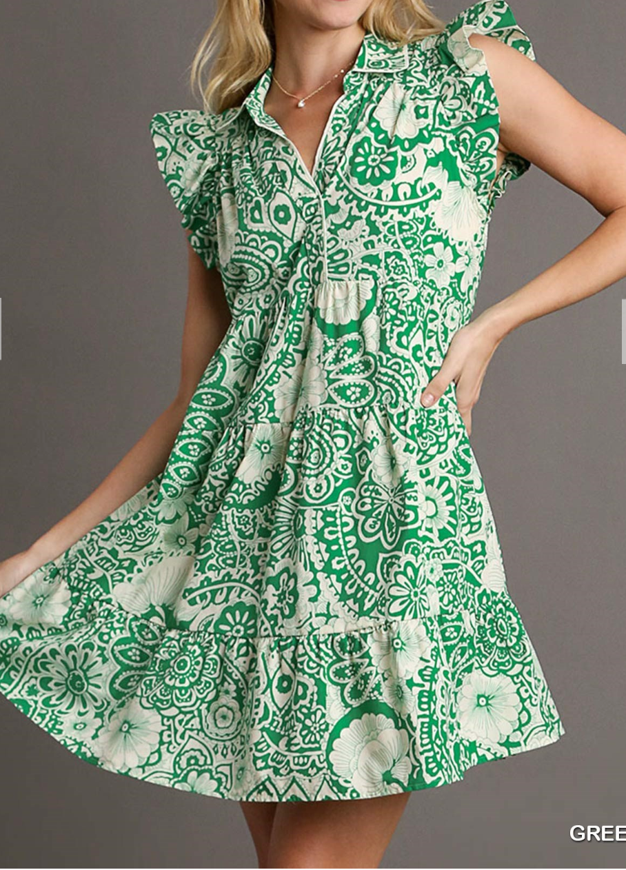 Abstract Print V Neck Babydoll Dress With Ruffled Cap Sleeves-Green