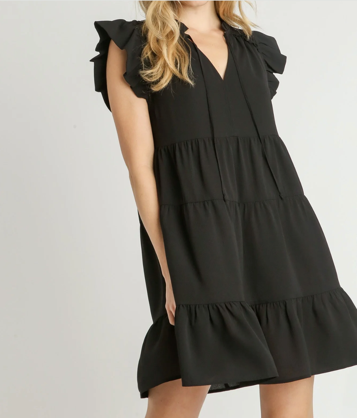 Tiered V-Neck Front Tie Short Dress With Flutter Sleeve-Black