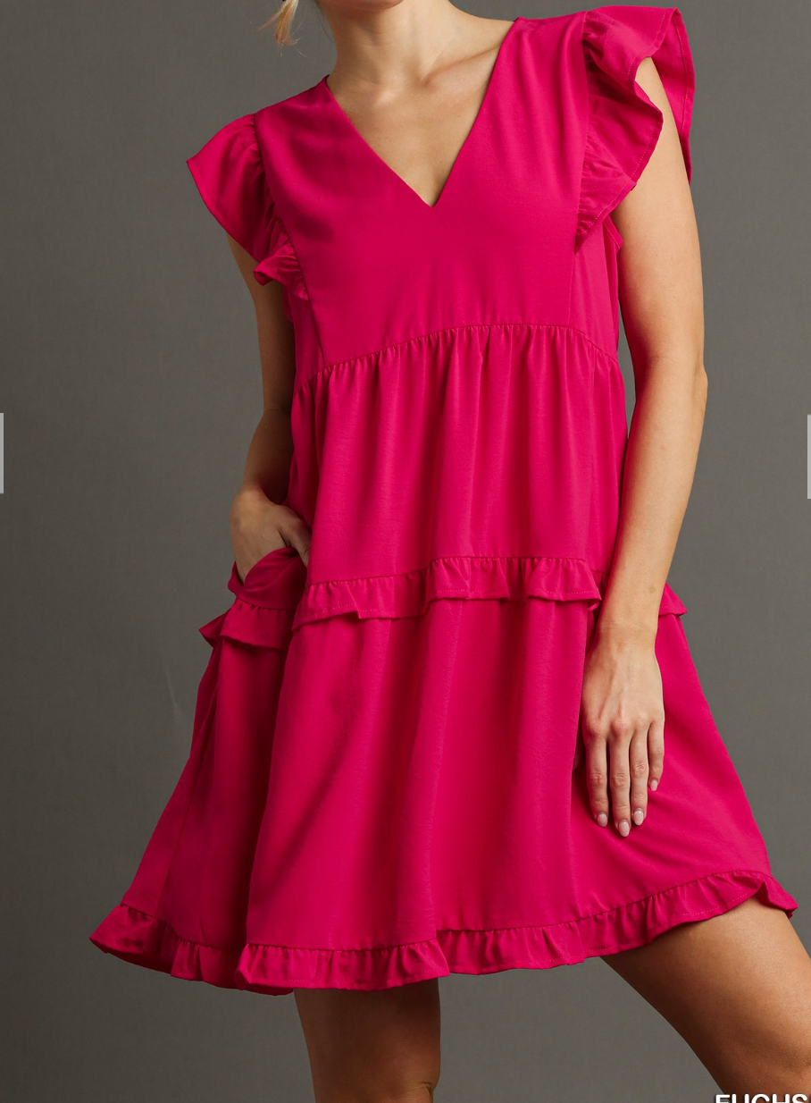 Umgee Ruffled Tired V-Neck Dress-Fuchsia