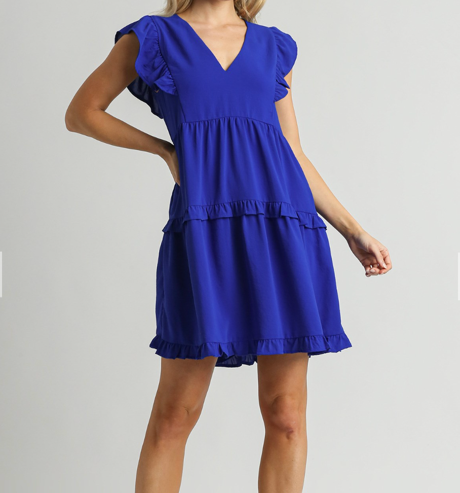 Umgee Ruffled Tiered V-Neck Dress- Sapphire