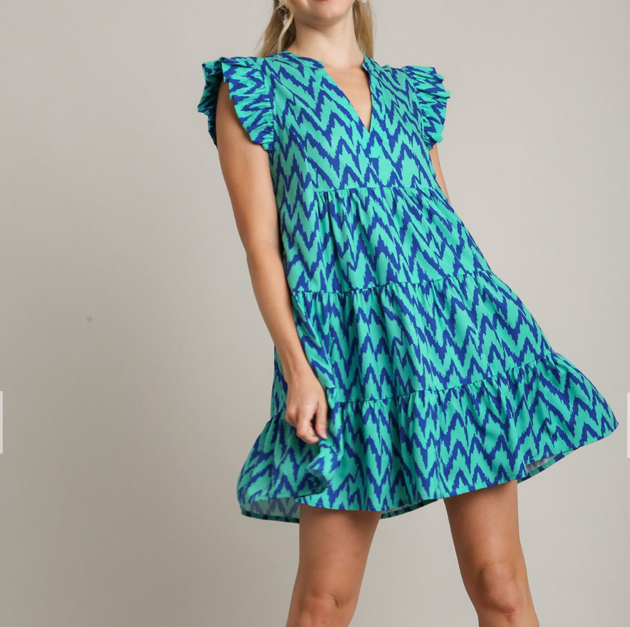 Umgee Chevron Print Notched Neckline, Ruffle Sleeve Dress-Mint