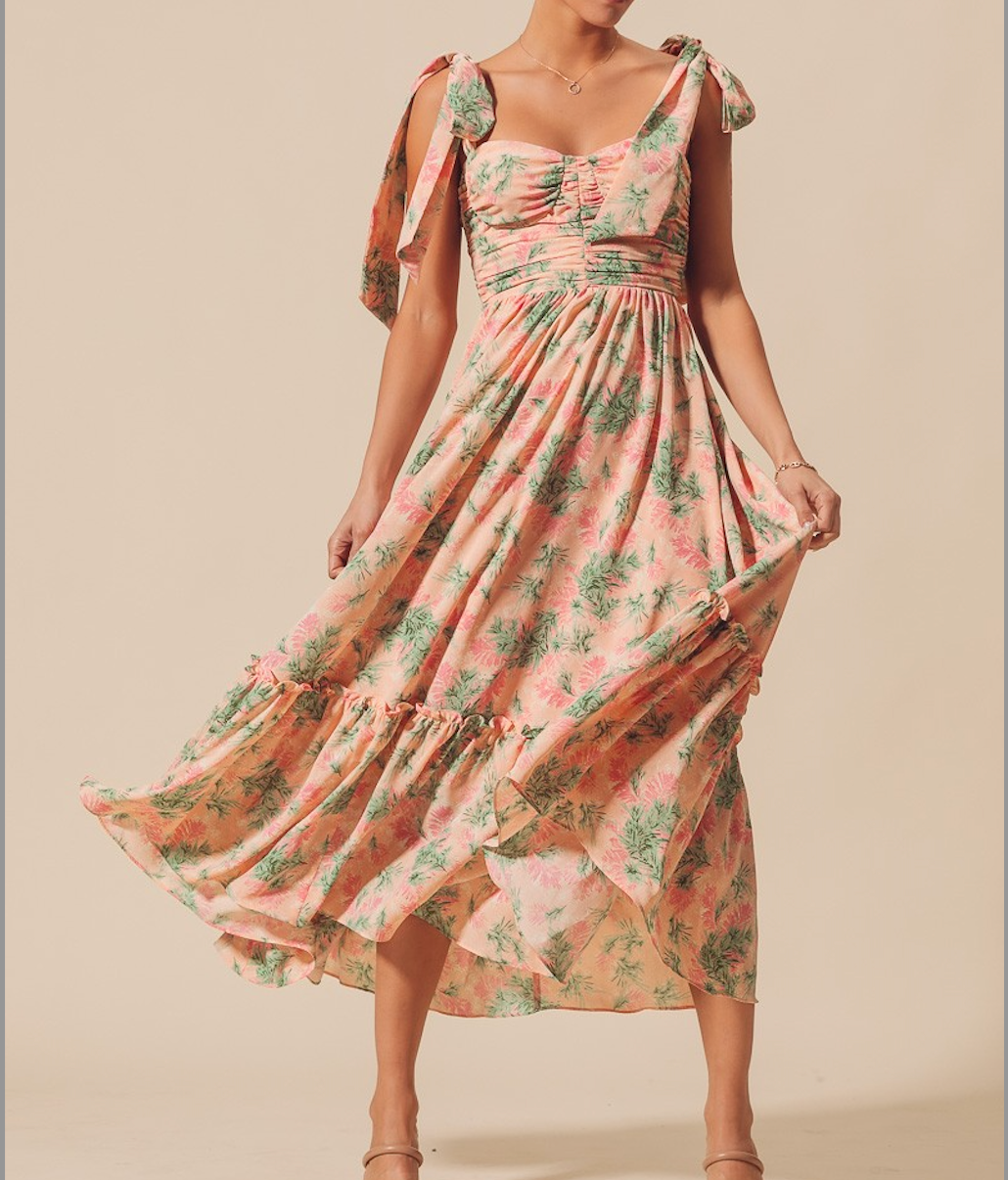 Flowy Floral Print Woven Feminine Dress With Ribbon Strap