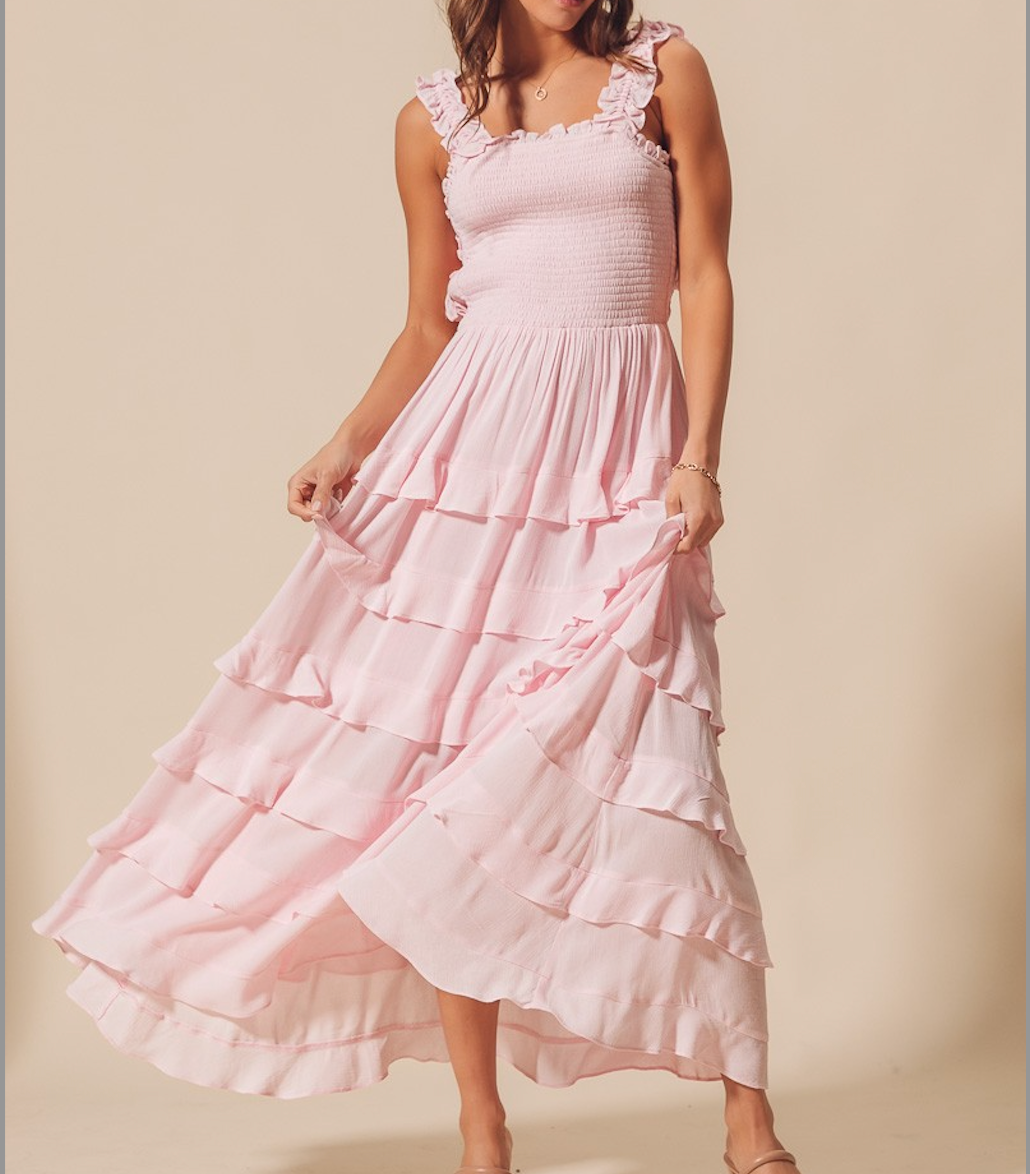 Smocked Ruffle Tier Maxi Dress With Open Back With A Bow Ribbon