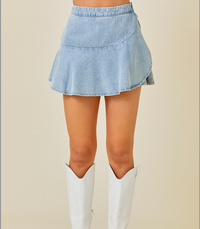 Wrap Front Denim Mini Skort With Ruffles