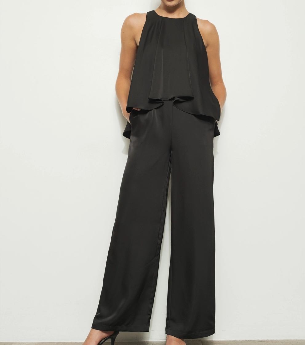 Satin Round Neck Sleeveless Jumpsuit-Black