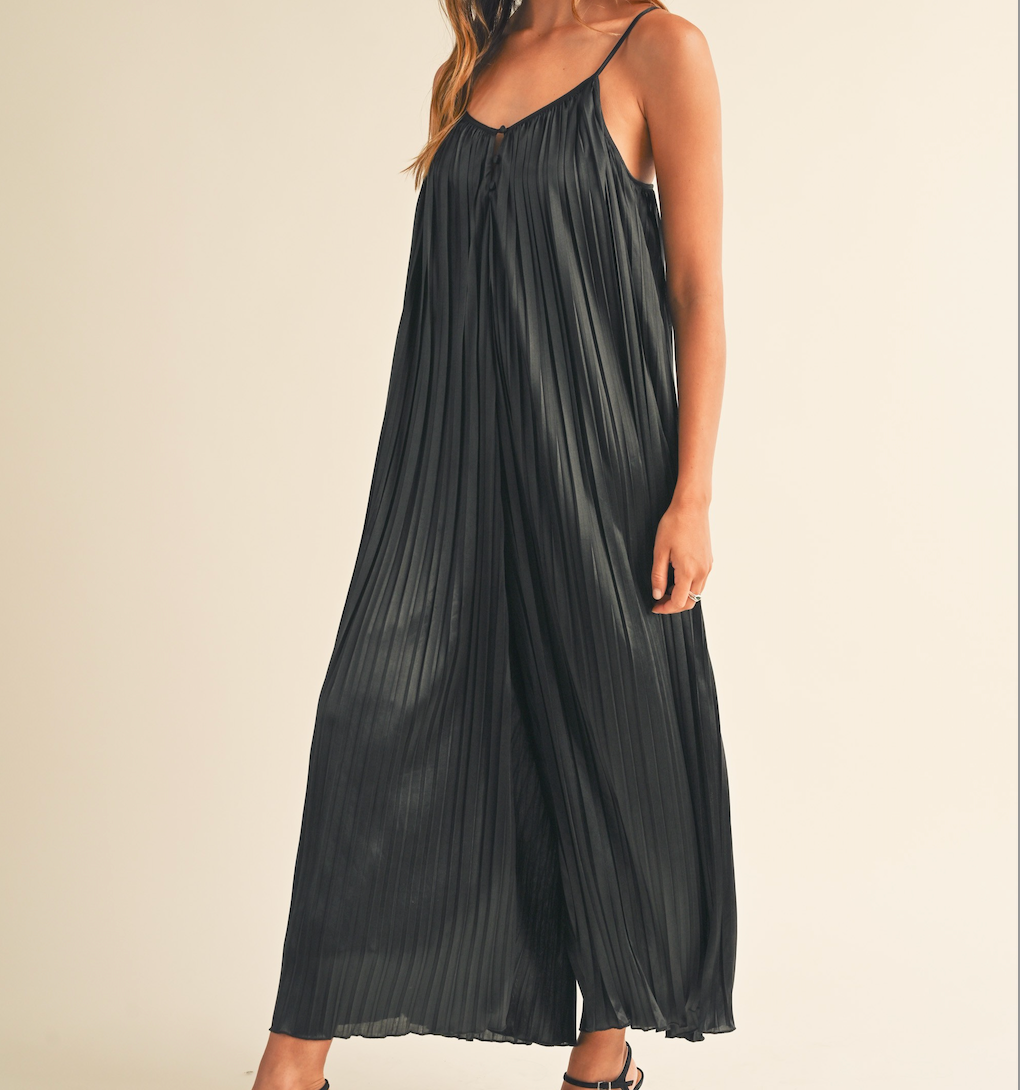 Solid Satin Pleated Wide Leg Jumpsuit