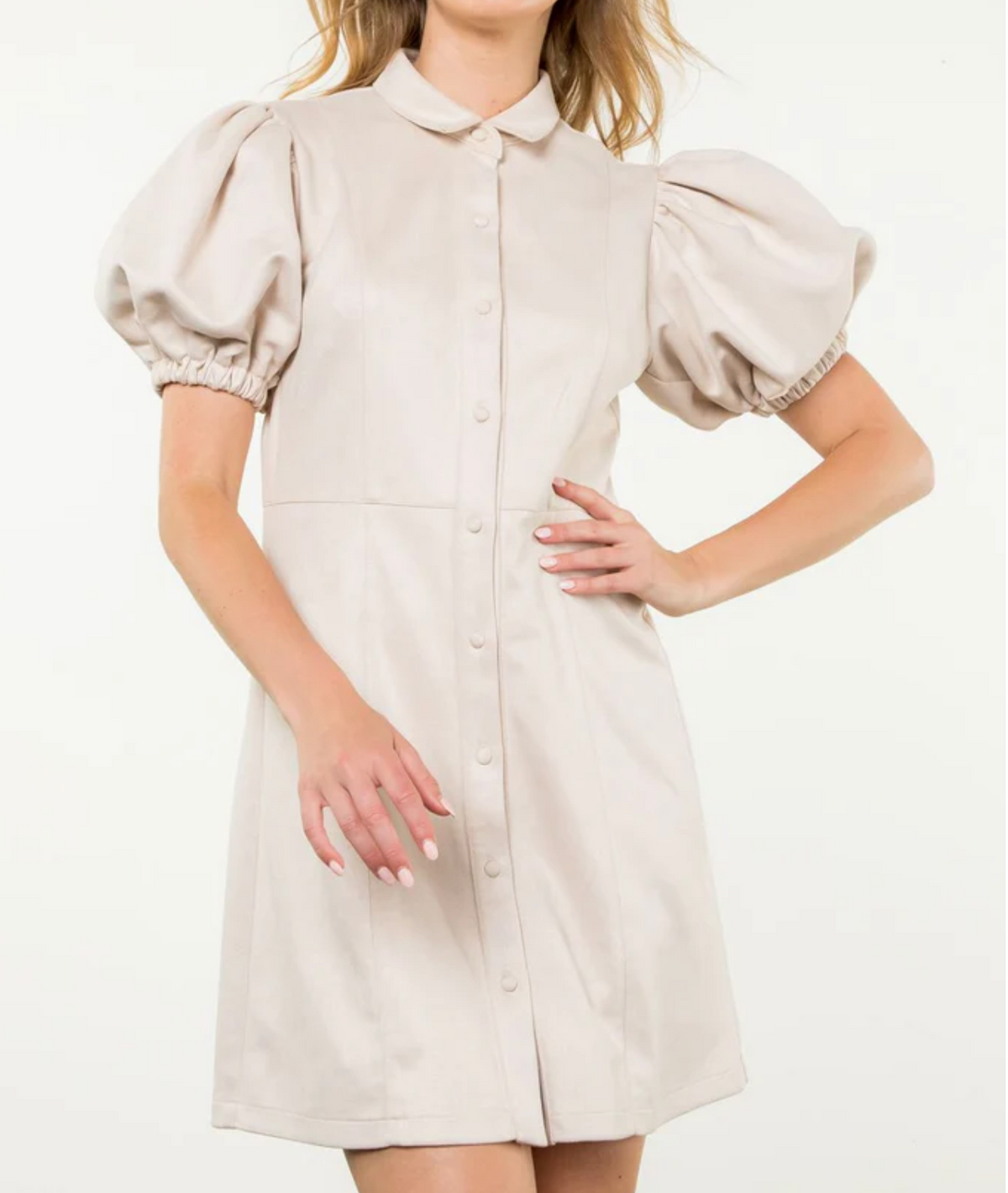 THML Puff Sleeve Suede Button Up Dress