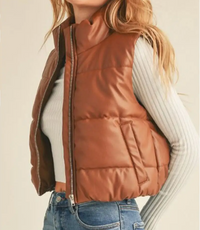 Faux Leather High Neck Puffer Vest-Cognac