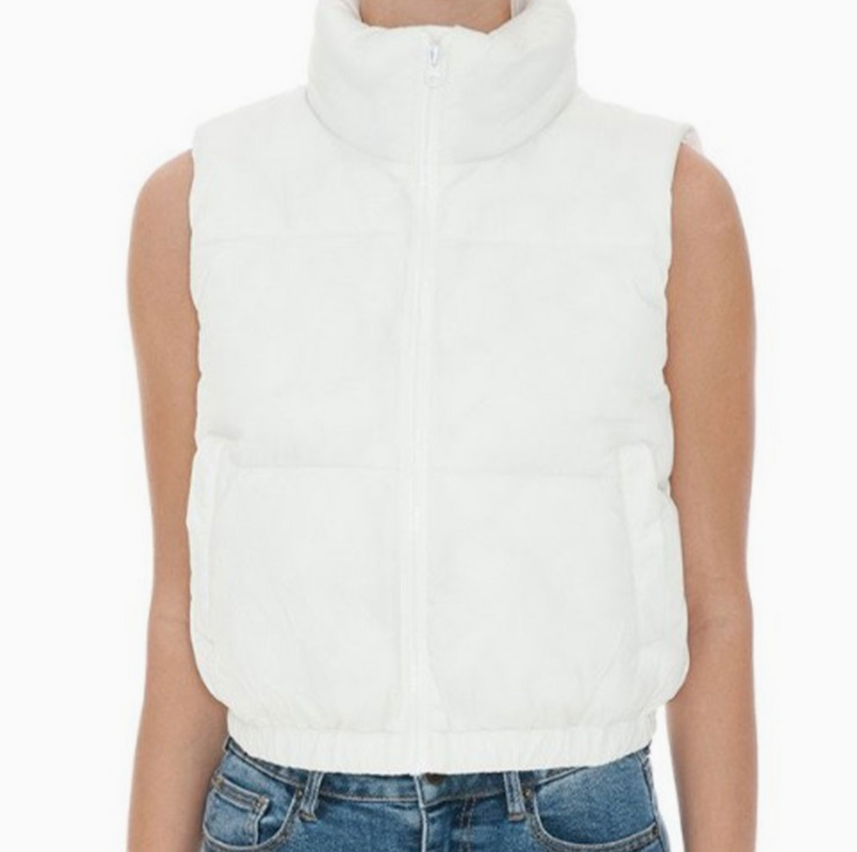 High Neck Zip Up Puffer Vest-Ivory