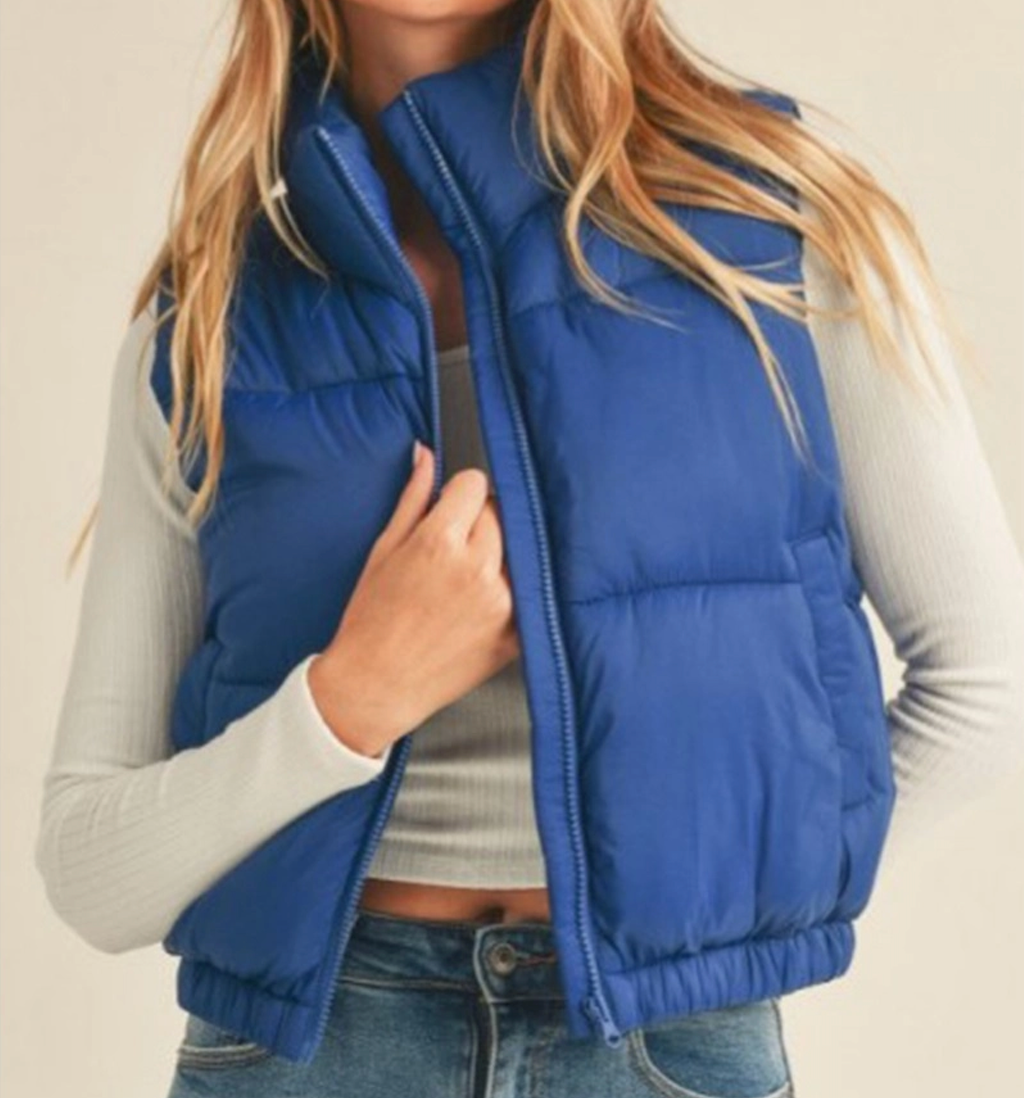 Nylon High Neck Faux Down Puffer-Blue