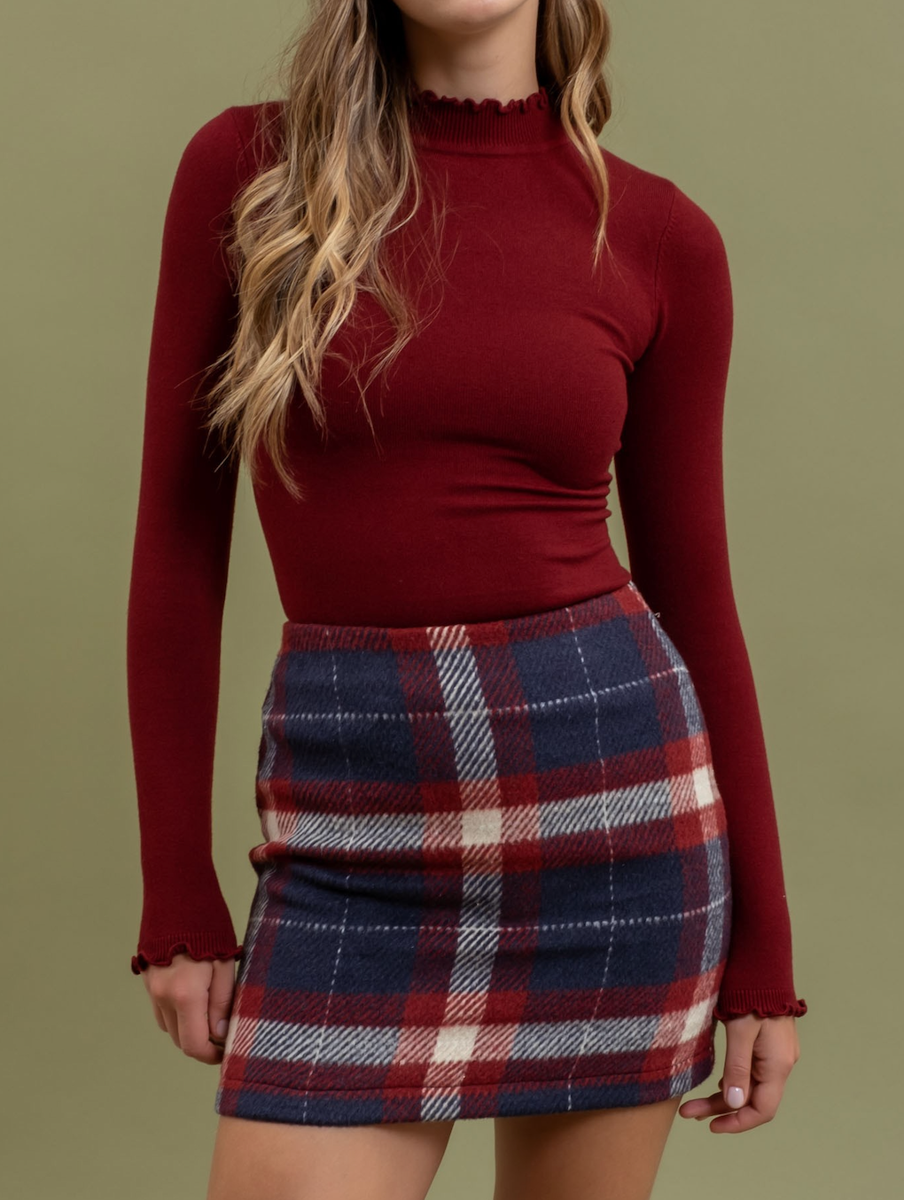 Lettuce Trim Mock Neck Top-Oxblood