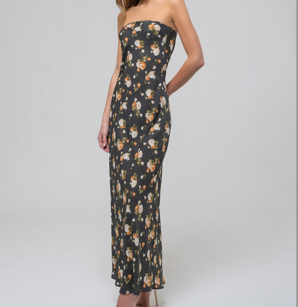 Floral Strapless Satin Midi Dress