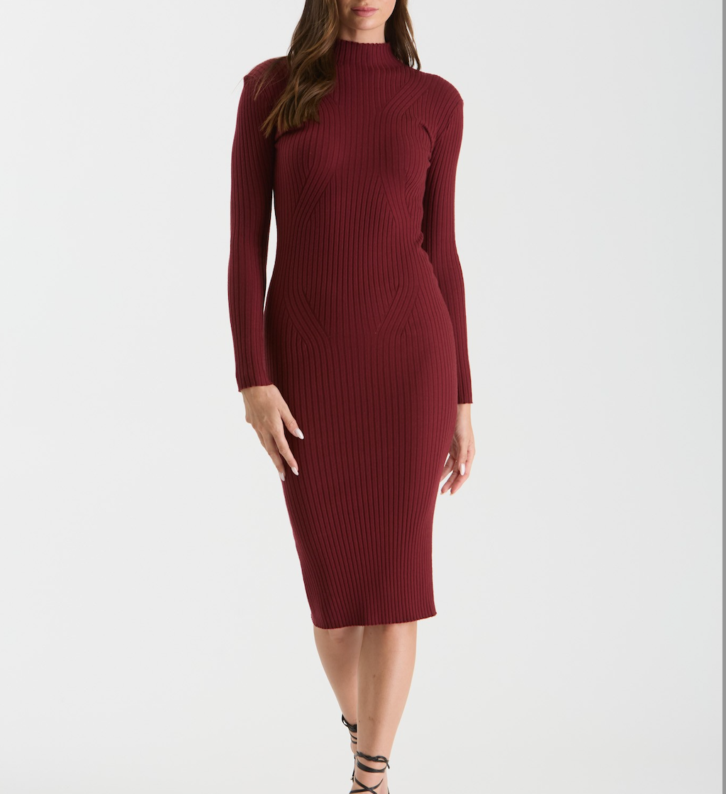 Mock Neck Long Sweater Midi Dress-Rosewood