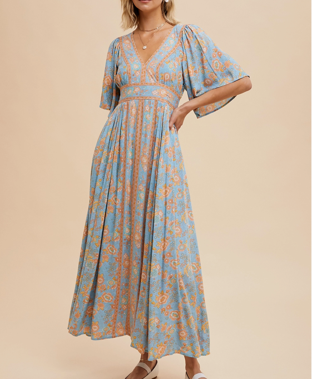 Border Print Flutter Sleeve Maxi Dress