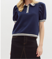 Navy Short Sleeve With Cream Trim