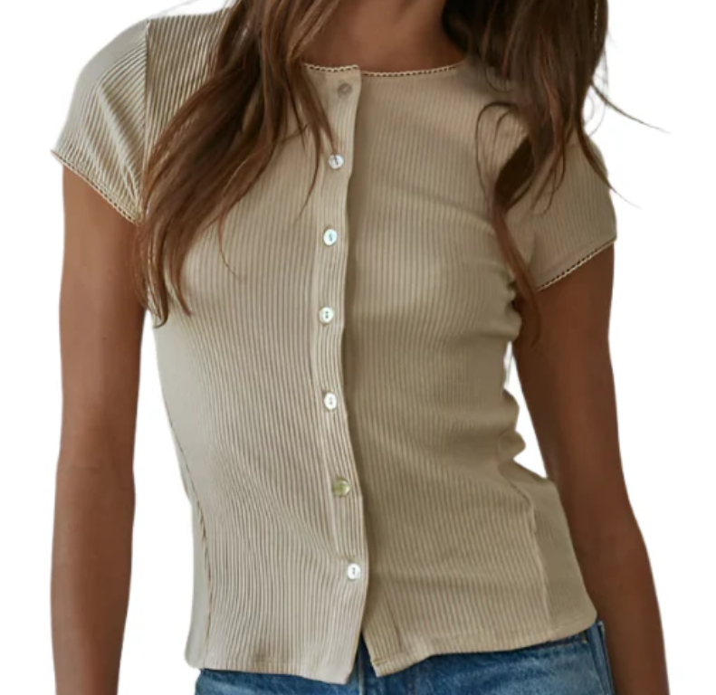 Knit Ribbed Buttondown Short Sleeve Cardigan