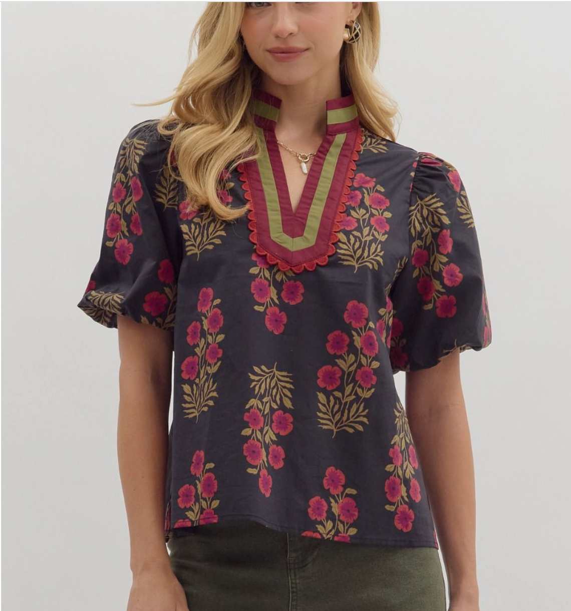 Floral Print Short Bubble Sleeve Top Featuring Multicolor Accent V-neck Band Collar