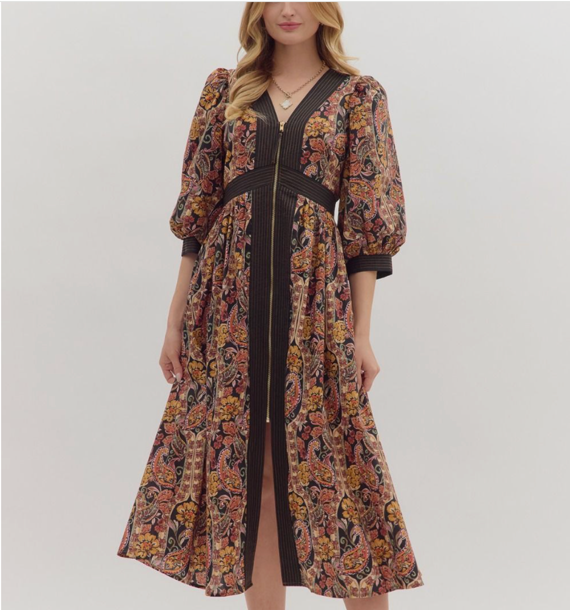 Paisley Print Puff Sleeve Midi Dress