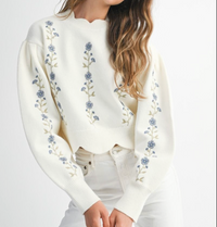 Long Sleeve Floral Embroidery Scalloped Sweater