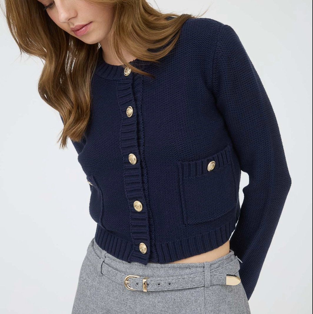 Gold Button Ribbed Cardigan-Navy