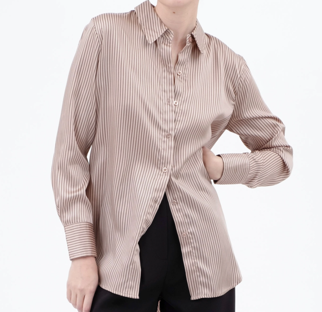 Pinstripe Button Down Long Sleeve Satin Blouse