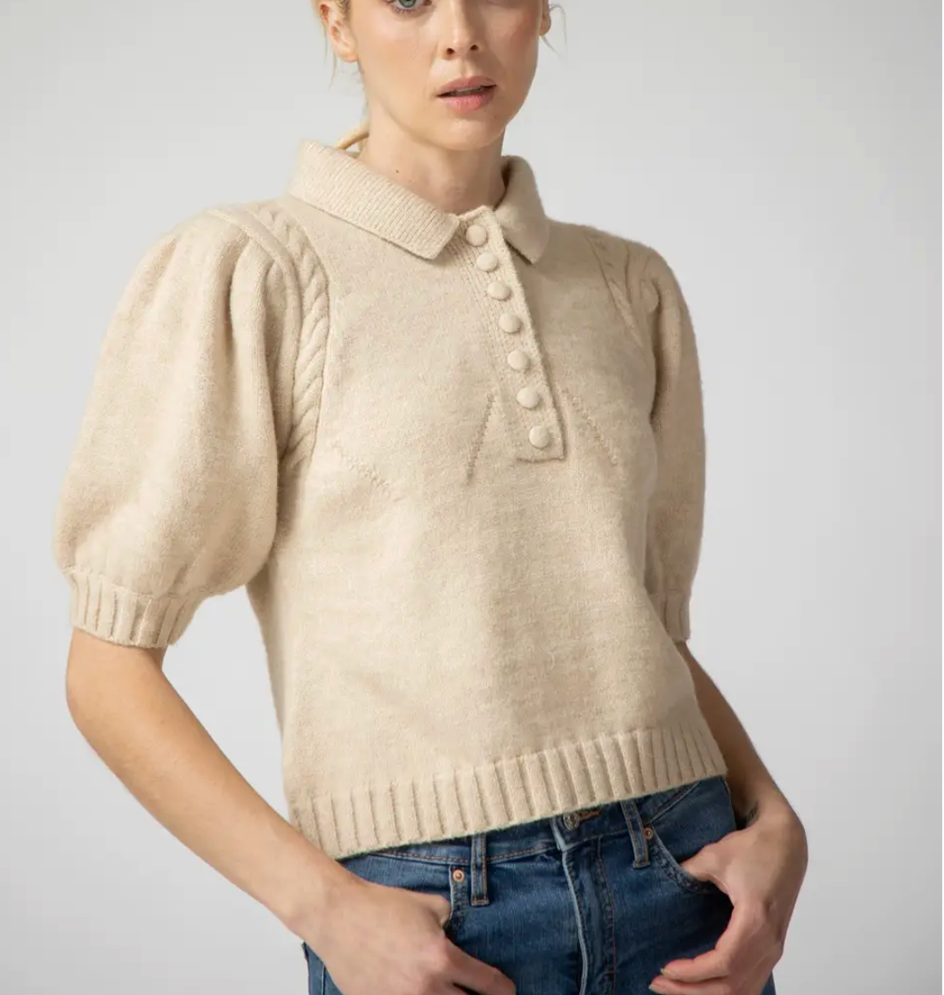 Button Down Collar Puff Short Sleeve Sweater Top