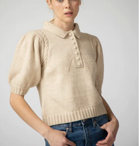 Button Down Collar Puff Short Sleeve Sweater Top