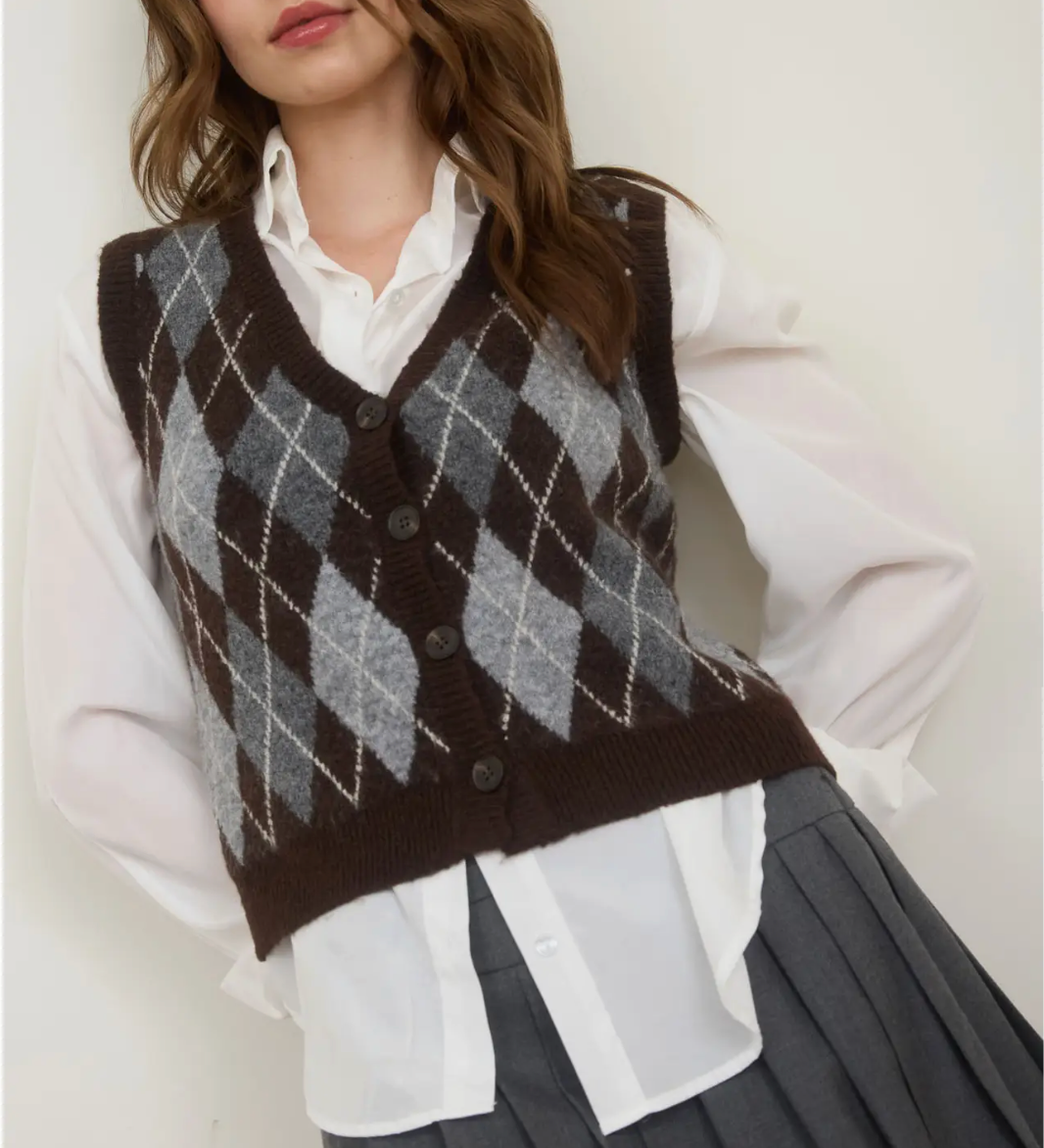 Argyle Pattern Button Down Knit Cardigan Vest
