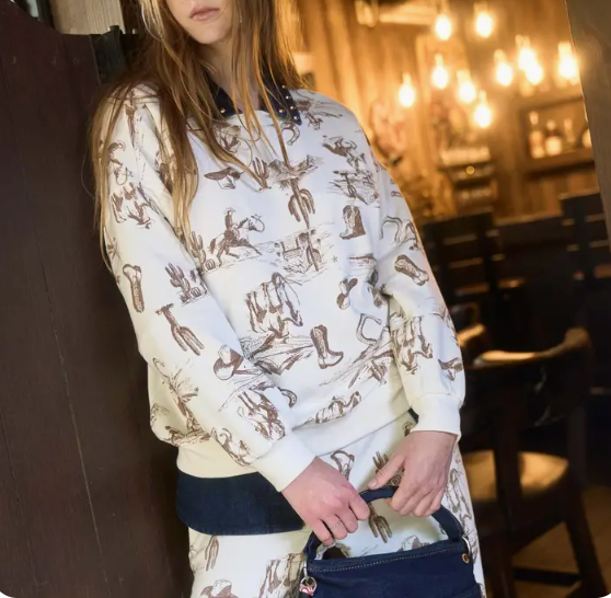 Western Print Crew Neck Sweatshirt