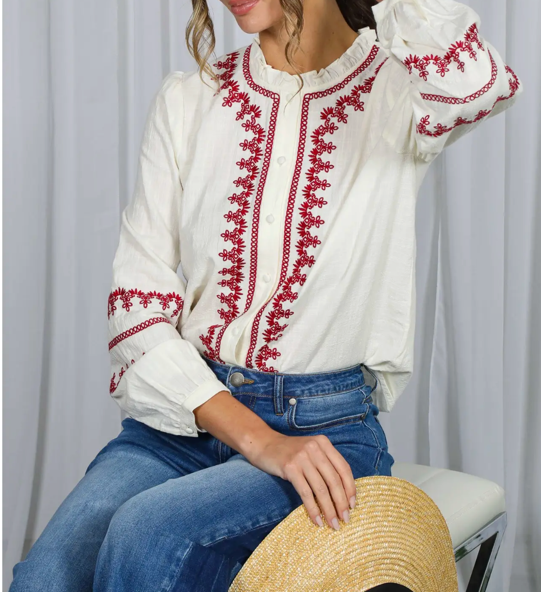 Ruffle Neck Embroidered Bohemian Blouse Top