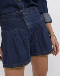 Magnolia Blanket Stitch Denim Flounce Short : Dark Blue Rust