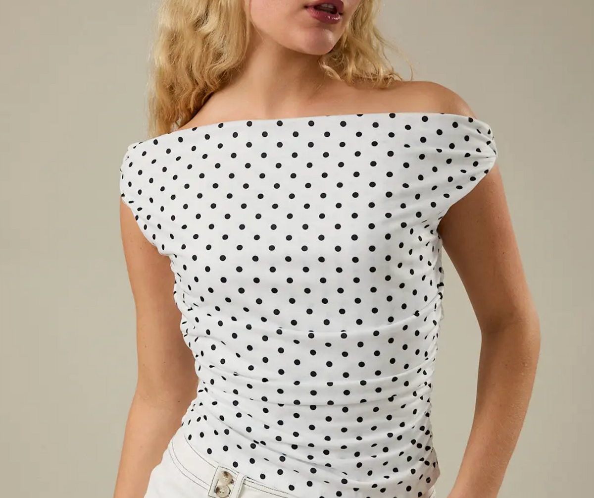 Off Shoulder With Side Ruching Polka Dot Top