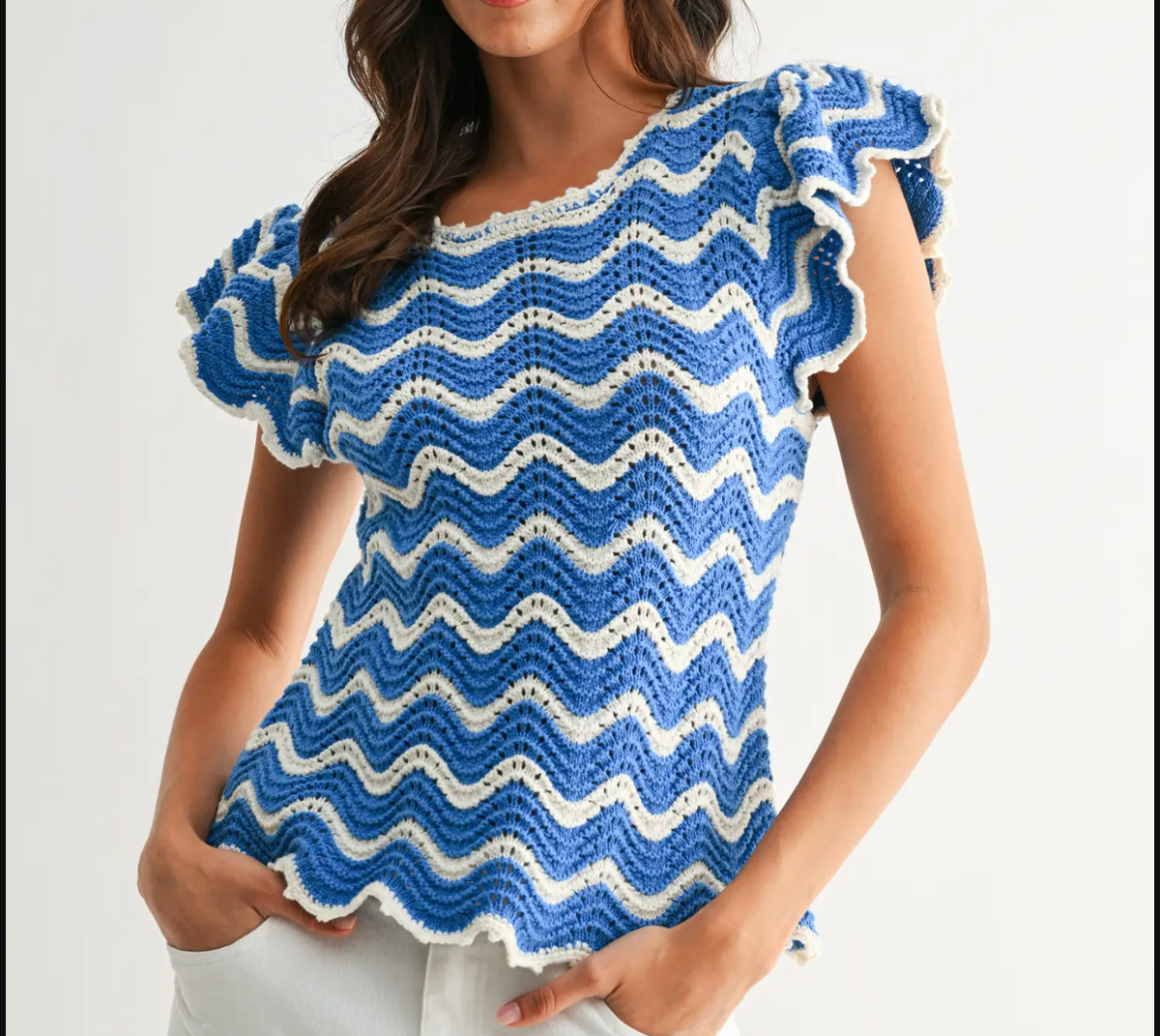 Blue and White Chevron Short Sleeve Sweater
