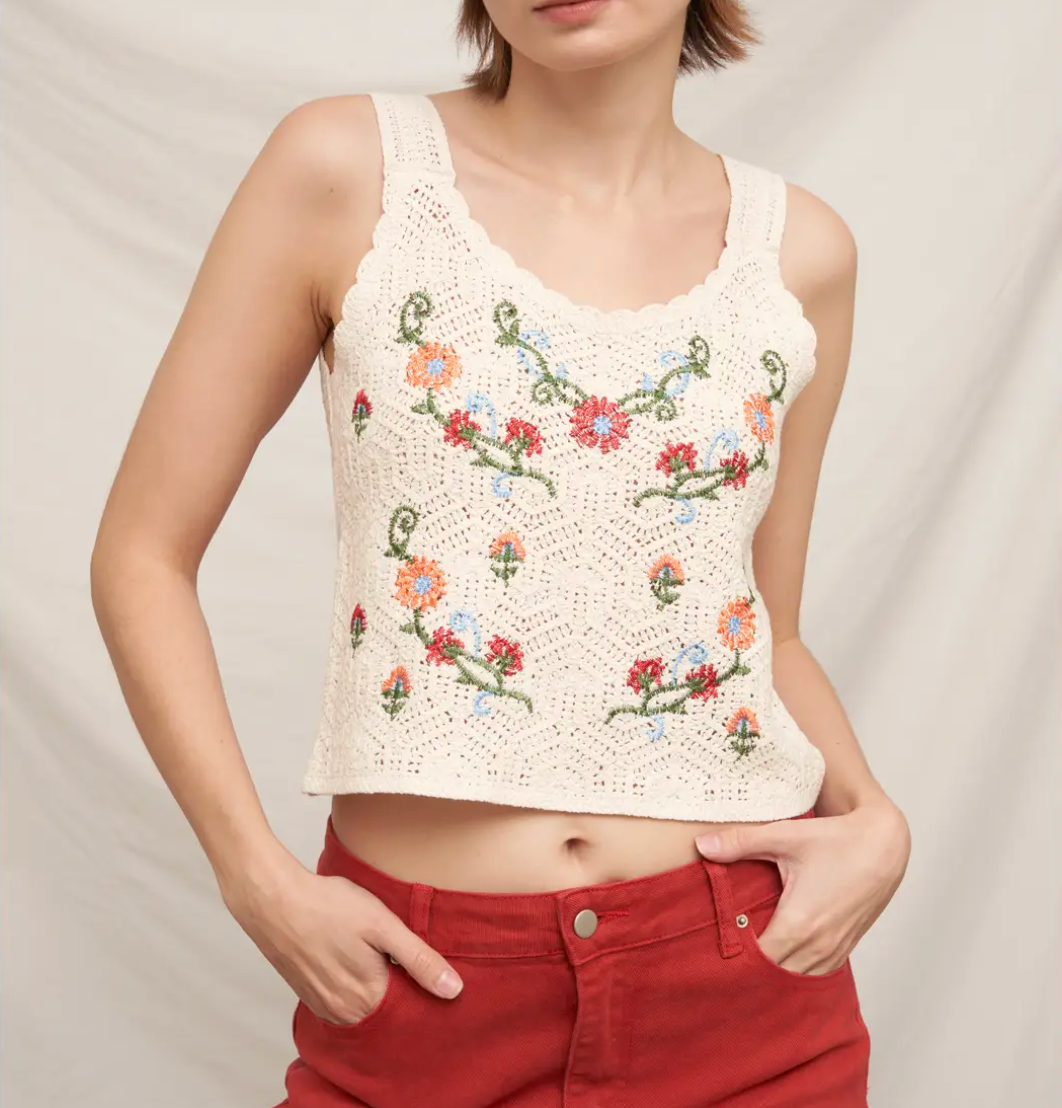 Sleeveless Floral Embroidered Crochet Cropped Top