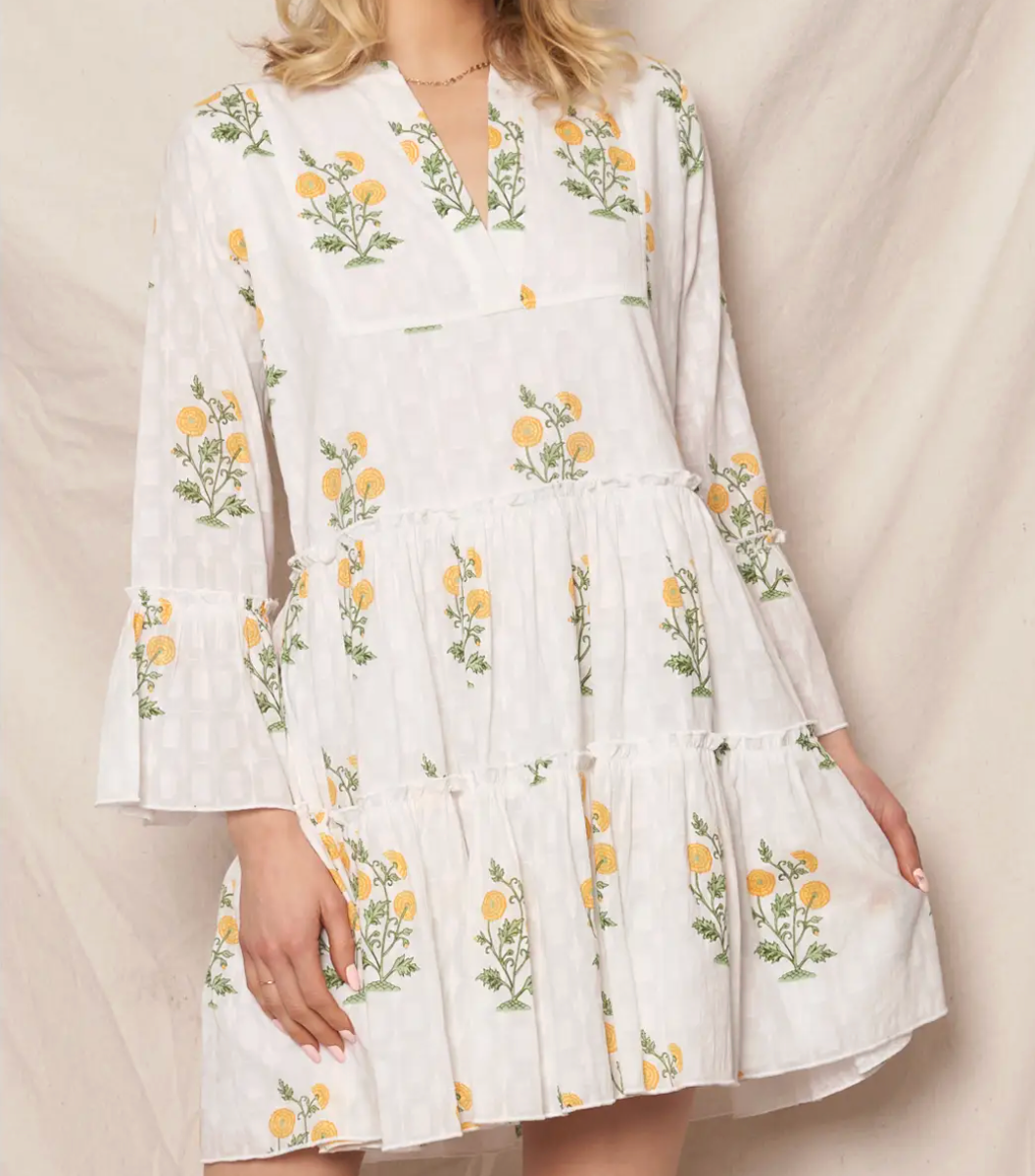 Flower Print 3/4 Sleeve V-Neck Tiered Mini Dress