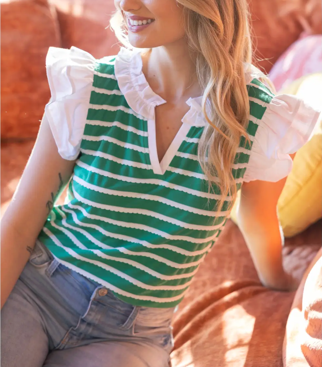 Voy Contrast Ruffle Sleeve Top