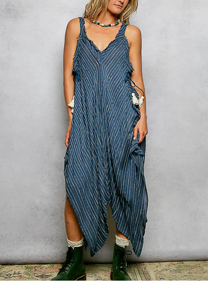 V-neck sleeveless striped long dress