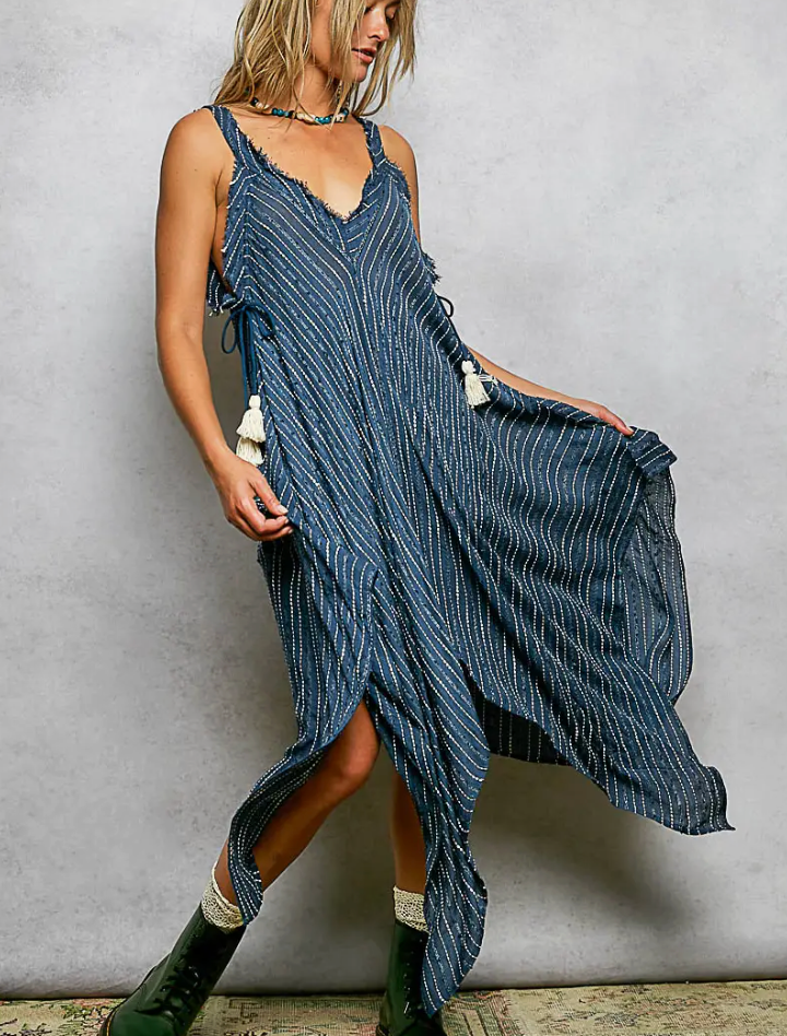 V-neck sleeveless striped long dress