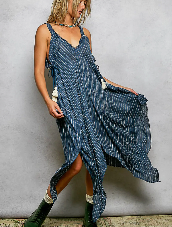 V-neck sleeveless striped long dress